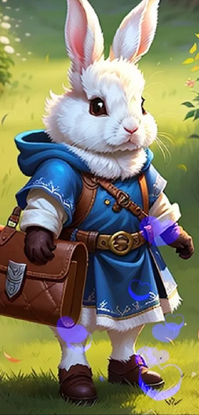 Illustration of a cute rabbit adventurer in a vibrant, fantasy forest setting.