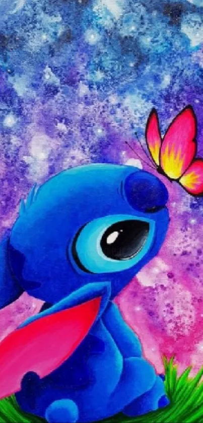 Cute blue alien and butterfly art under a starry sky.