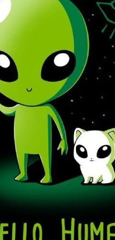 Cute green alien waving with a cat on black background.