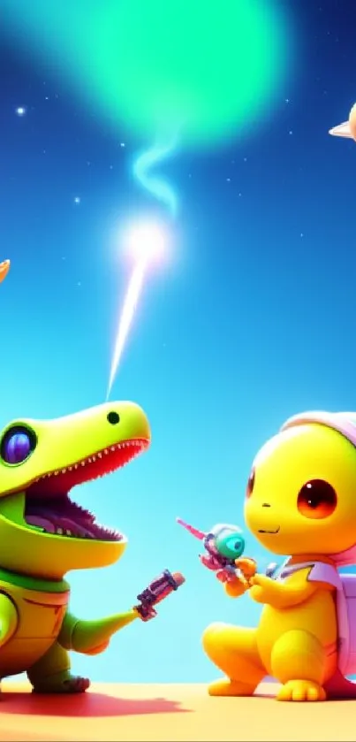 Cute dinosaur and alien interacting on a bright and colorful background.