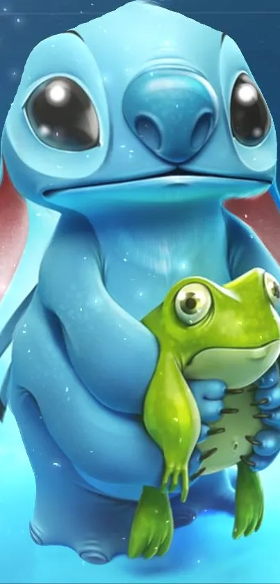 Cute blue alien holds a green frog in art.