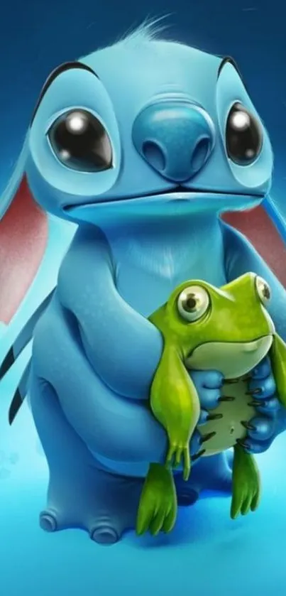 Cute blue alien holding a green frog with a blue background.