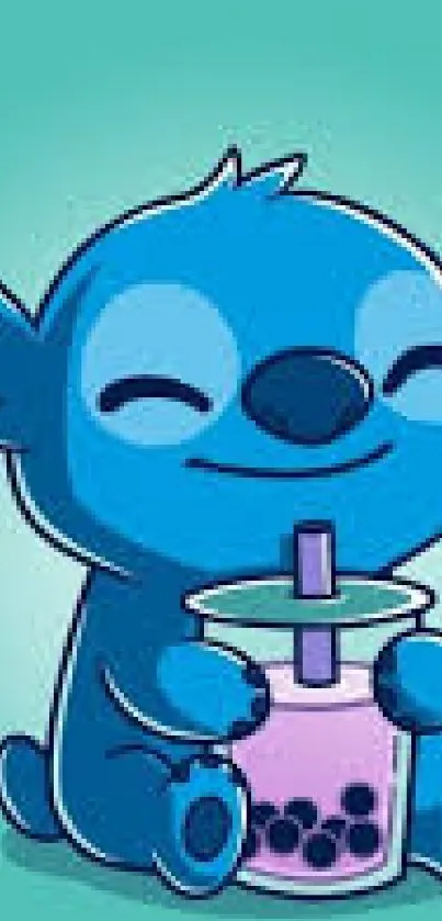 Blue cartoon alien enjoying bubble tea on turquoise background.