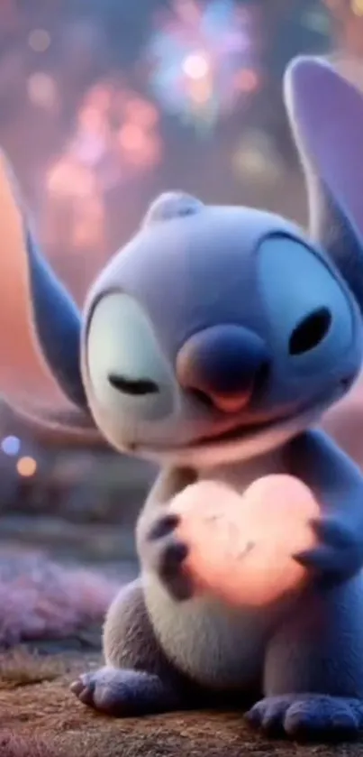 Cute cartoon alien holding a glowing heart.