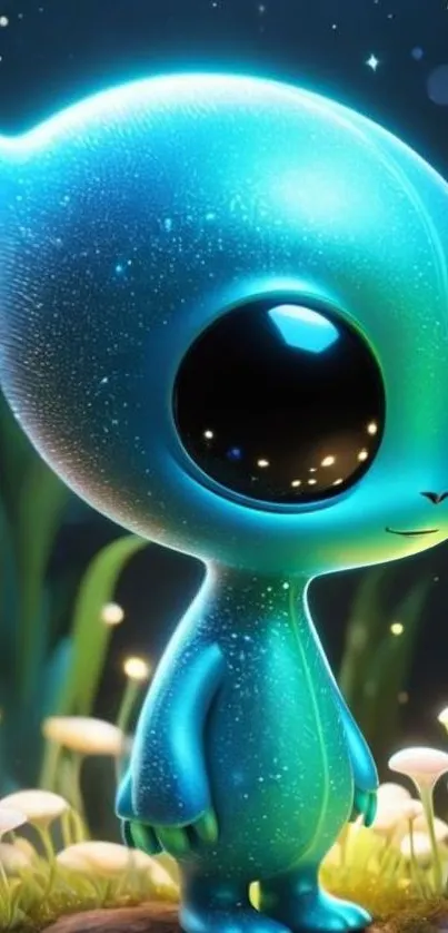 A cute blue alien cartoon character glowing at night.