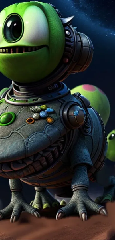 Cute green alien with robotic gear on a whimsical background.