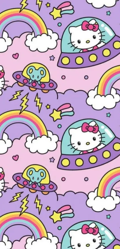 Cute pastel wallpaper with cats, rainbows, and aliens.