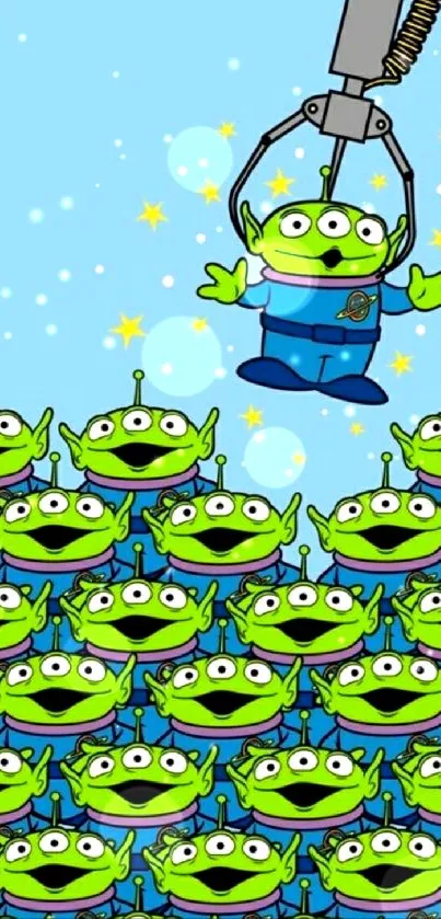 Cute green aliens with a claw machine over sky blue background.