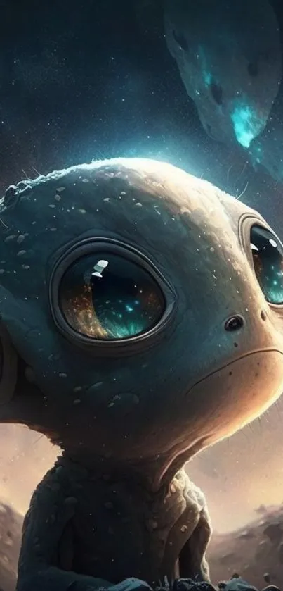 Cute alien with big eyes under a starry cosmic sky, for fantasy enthusiasts.