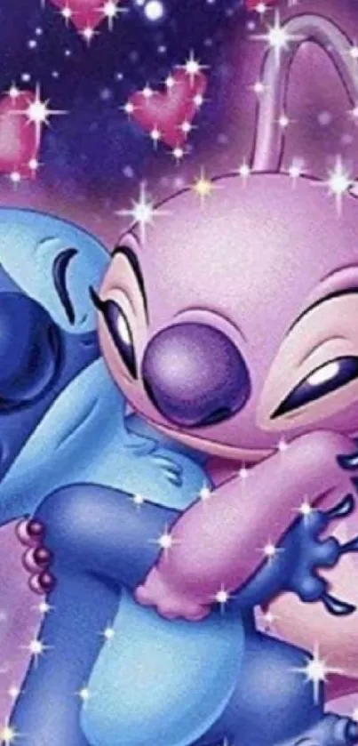 Cute animated alien couple embrace on a starry purple background.