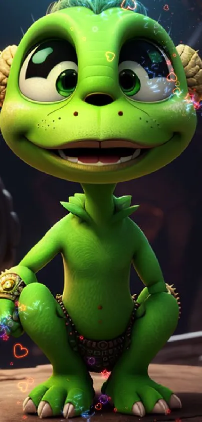 Cute green alien with a joyful expression in a sci-fi setting.