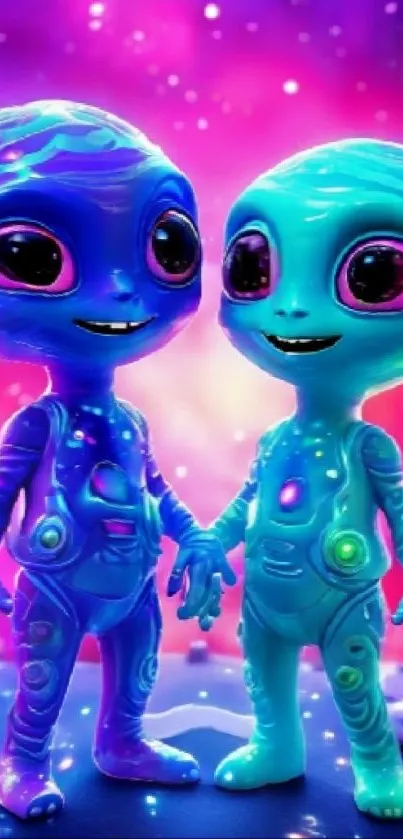 Two cute aliens holding hands in a colorful cosmic backdrop.