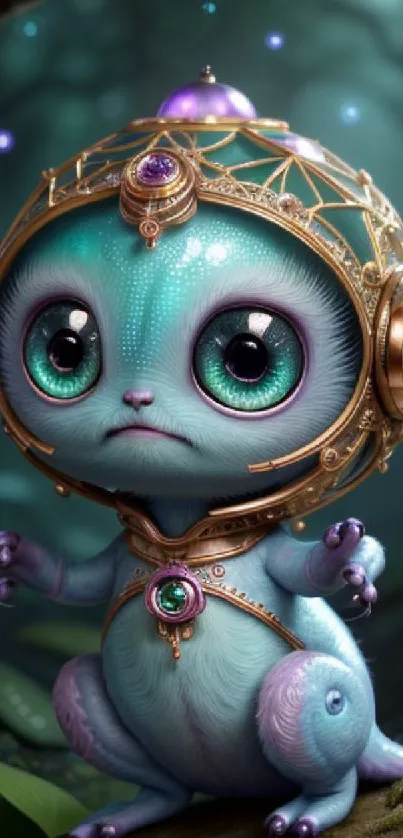 Cute blue alien with large eyes in a fantasy digital artwork.