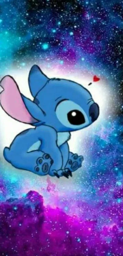 Cute blue alien in a vibrant galaxy background.