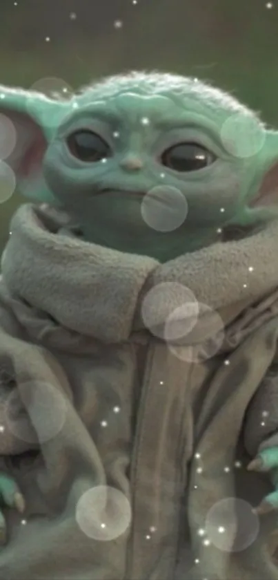 Adorable green alien in a cozy coat with a starry background.