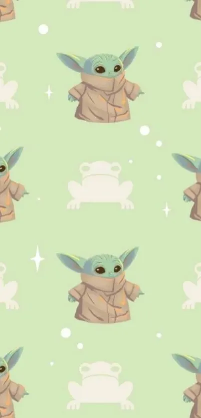 Cute alien and frog pattern wallpaper in mint green.