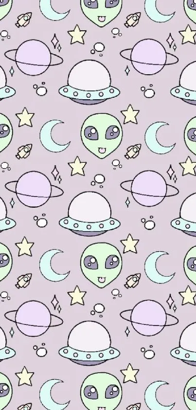 Playful pattern with cute aliens, planets, and stars on a lavender background.