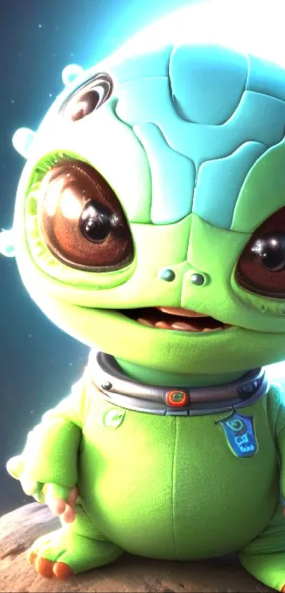 Adorable green alien wallpaper with a cosmic backdrop.