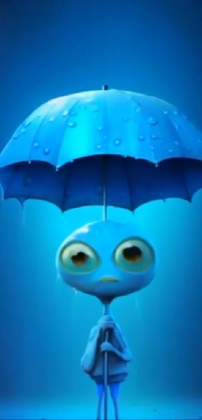 Cute alien holds a blue umbrella in rain.