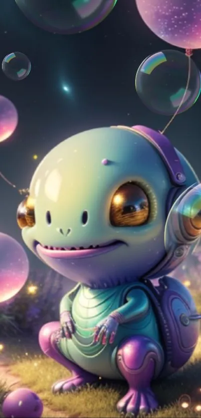 Cute alien with big eyes surrounded by bubbles in a magical landscape.