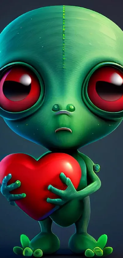 Green alien with big red eyes hugging a red heart.