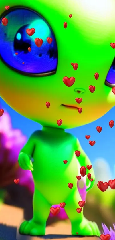Cute green alien surrounded by red hearts in vibrant mobile wallpaper.