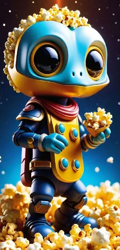 Colorful alien creature with popcorn in space-themed wallpaper.