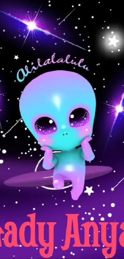 Cute alien character on purple galaxy wallpaper with stars.