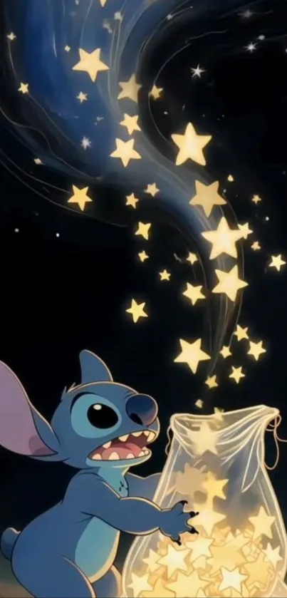 Cute blue alien releasing glowing stars at night.