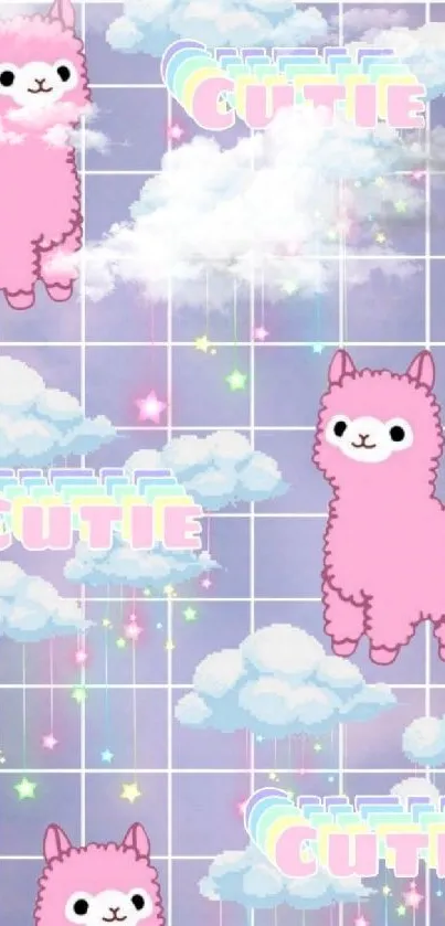 Cute pink alpacas with fluffy clouds on a grid background with rainbow stars.