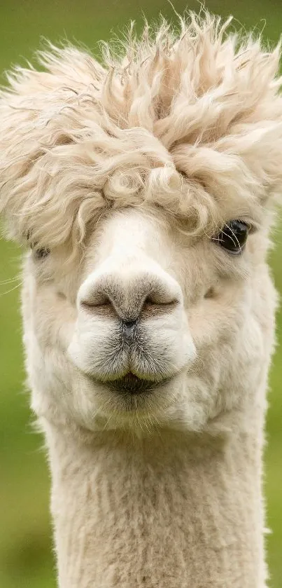 Adorable fluffy alpaca against a green background, perfect for mobile wallpaper.