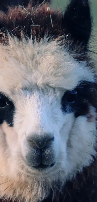 Cute alpaca with fluffy fur in a tranquil natural setting.