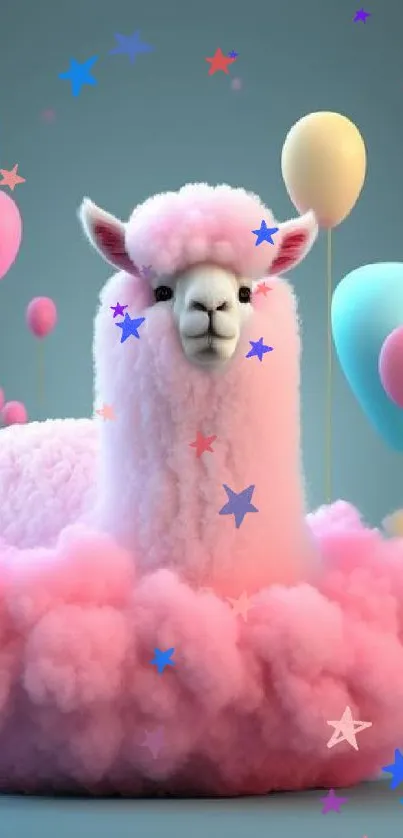 Cute pink alpaca with colorful balloons on a pastel background.