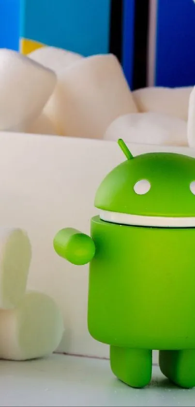 Cute Android figurine with marshmallows background.