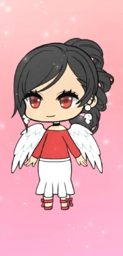 Chibi anime angel with wings on a pink gradient background.