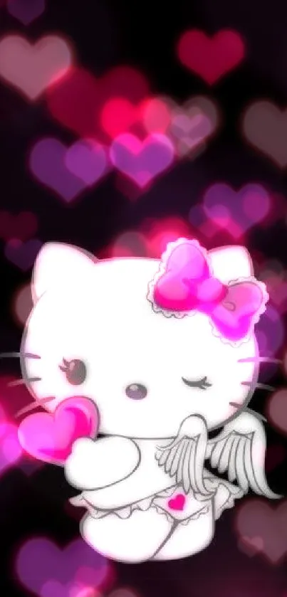 Cute angel cat on black background with pink heart.