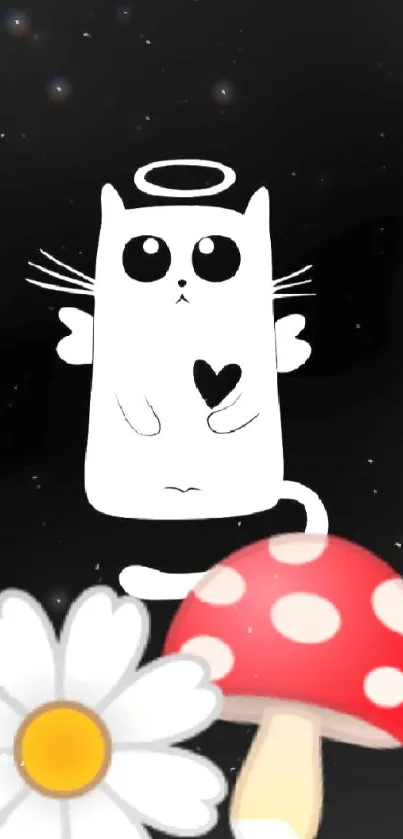 Adorable angel cat with heart and mushroom on black background.