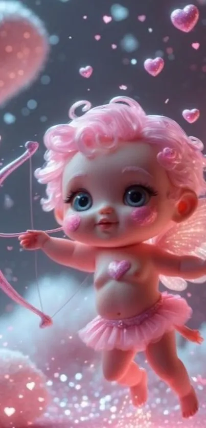 Cute angel doll holding a bow in fantasy setting.