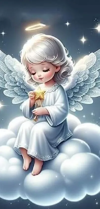 Adorable angel sitting on a cloud with stars.