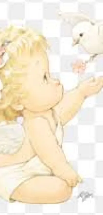 Cute cherub with dove on a light background.