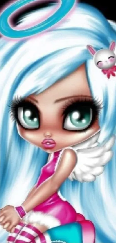 Cute anime angel with blue hair and halo.