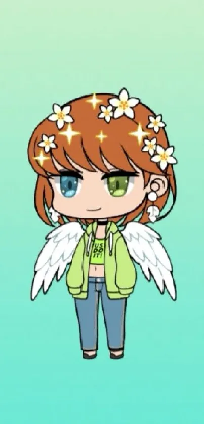 Cute anime character with wings and a flower crown on teal background.