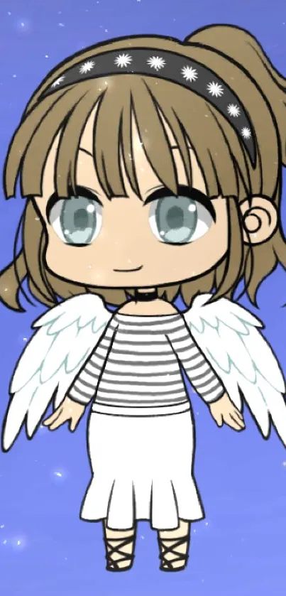 Cute cartoon angel with wings on blue background.