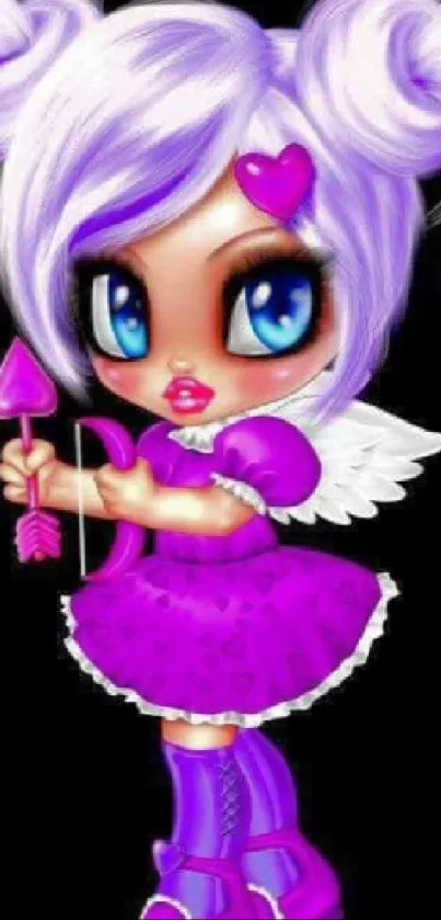 Cute purple cartoon angel with wings and heart bow.