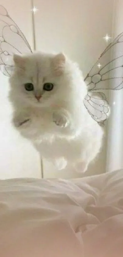 Fluffy white cat with fairy wings, creating a magical wallpaper.