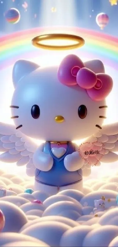 Adorable angelic cat with rainbow and halo