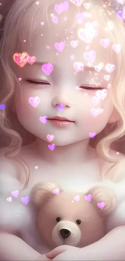 Angelic doll with teddy bear and floating hearts wallpaper.