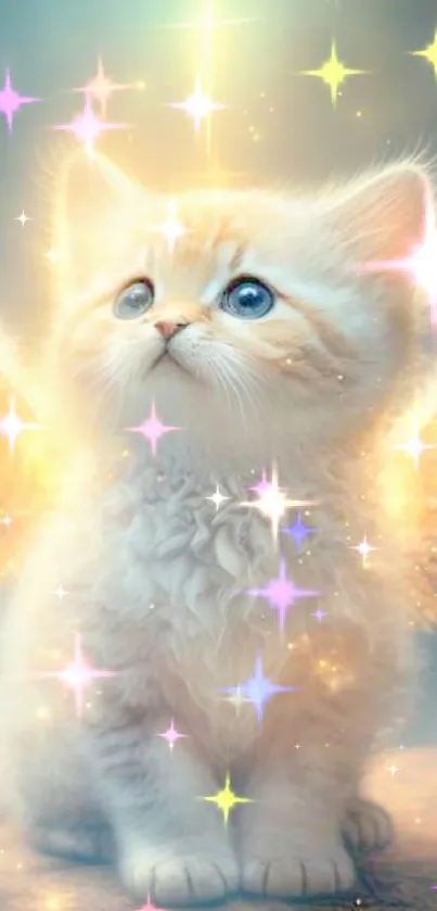 Adorable kitten with angel wings glowing softly in a dreamy setting.