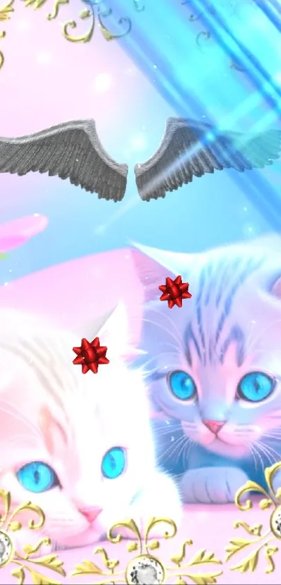 Two angelic kittens with blue eyes in a dreamy, pastel and ornate design.