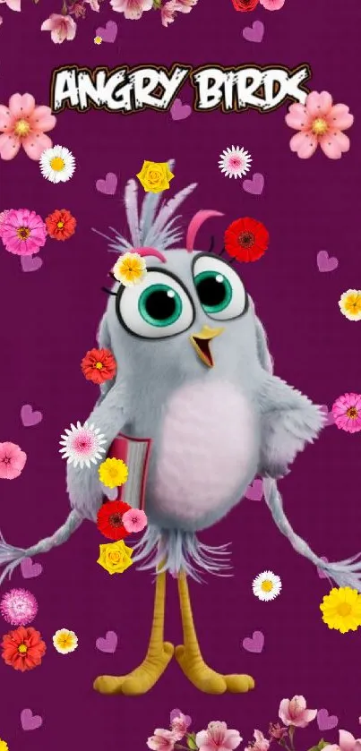 Adorable Angry Birds character on a purple background with pink flowers and hearts.